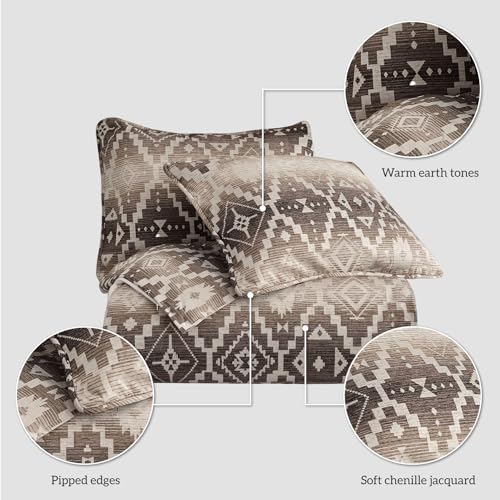 Paseo Road Chalet Aztec Western Bedding, 3 Piece King Comforter Set, Cream Brown Geometric Pattern, Chenille Jacquard Southwestern Indian Modern Rustic Comforter with Pillow Shams Paseo Road