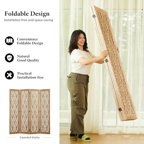 5.6Ft Room Divider Folding Wood Simple Carved Partition Screen for Home Office Garden - 4 Panels (Natural) Svimi