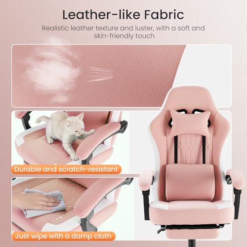 Sweetcrispy Computer Gaming Chair - High Back Ergonomic Desk Chair with Footrest and Lumbar Support, Height Adjustable Task Chair with Linkage Armrests and Headrest, 360° Swivel Wheels, Pink Sweetcrispy