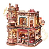 ROKR Moving Dream Coffee Factory DIY Miniature House Kit - 3D Wooden Puzzles for Adults with Music Box & LED Lights, No Glue Kinetic Model Building Kit, Unique Home Decor Gifts for Adults Women Men