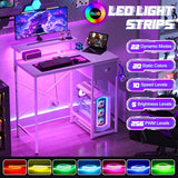 X-cosrack 33.5" Small Gaming Desk with LED Lights & Power Outlets, Compact Computer Desk with Monitor Stand & CPU Stand, Gamer Table with Storage Drawer, Side Hooks for Home Office, Bedroom, White X-cosrack
