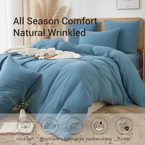 100% Cotton Muslin Duvet Cover Set Queen Size Turquoise Blue, Ultra Soft Breathable Absorbent Gauze Bedding Duvet Cover, Luxurious Minimalist Natural Wrinkle Linen Textured Comforter Cover 90" x 90" YASMENG