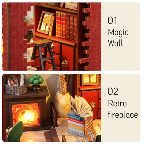 DIY Book Nook Kit, Miniature Dollhouse Booknook Kit with Light, 3D Wooden Puzzle Bookend Bookshelf Decor for Adults, Library