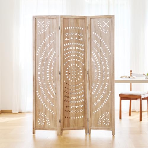 66.9Inch Folding Room Divider, 3 Panels Wood Carved Privacy Screens, Free Assembled Freestanding Partition for Home Office Restaurant Bedroom (Natural) Svimi