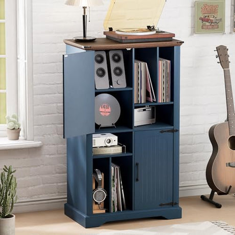 Maupvit Large Record Player Stand, 47" Farmhouse Navy Blue Vinyl Record Storage Cabinet with Barn Doors, Mid-Century Freestanding Rustic Wood Turntable Stand Maupvit
