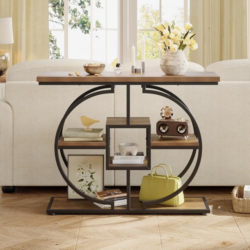 GiftGo Narrow Console Table for Entryway Industrial 4-Tier Sofa Table Behind Couch with Circle Base Rustic Wooden Accent Tables with Storage Shelves for Living Room, Hallway, Foyer (Brown) GiftGo