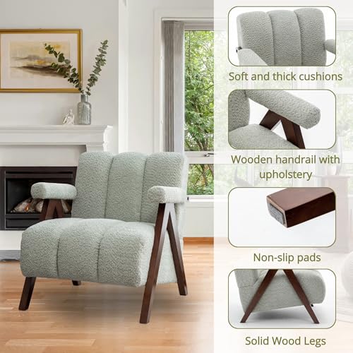 DRKAT Mid Century Modern Accent Chair with Solid Wood Frame, Boucle Upholstered Living Room Chairs with Thick Cushion, Comfy Tufted Arm Chair for Bedroom, Sage DRKAT