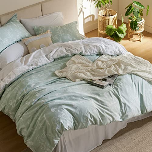 Bedsure Duvet Cover Queen Size - Reversible Green Queen Duvet Cover Set with Zipper Closure, 3 Pieces Floral Patterned Bedding Set with 8 Corner Ties and 2 Pillow Shams Bedsure