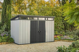 Keter Artisan 11x7 Modern Resin Outdoor Storage Shed Kit-Perfect to Store Patio Furniture, Garden Tools Bike Accessories, Beach Chairs and Lawn Mower, Grey & Black Keter