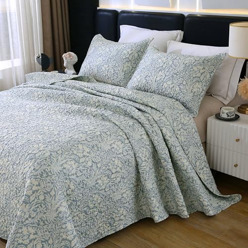 DURLENGEN Quilt Set California King Size 3Pcs,Bluish Grey Printed with Beige Leaves Pattern,Soft Microfiber Lightweight Bedspread for All Season Layering(112x104,Beige Botanical) DURLENGEN