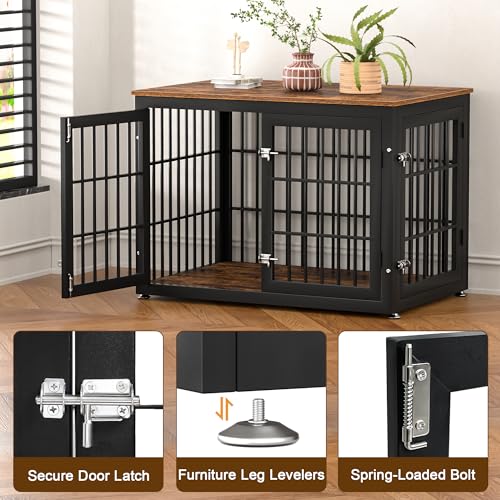 rehomerance 38 Inch Heavy Duty Dog Crate Furniture for Large and Medium Dogs, Decorative Pet House End Table, Wooden Cage Kennel Furniture Indoor, Rustic Brown rehomerance