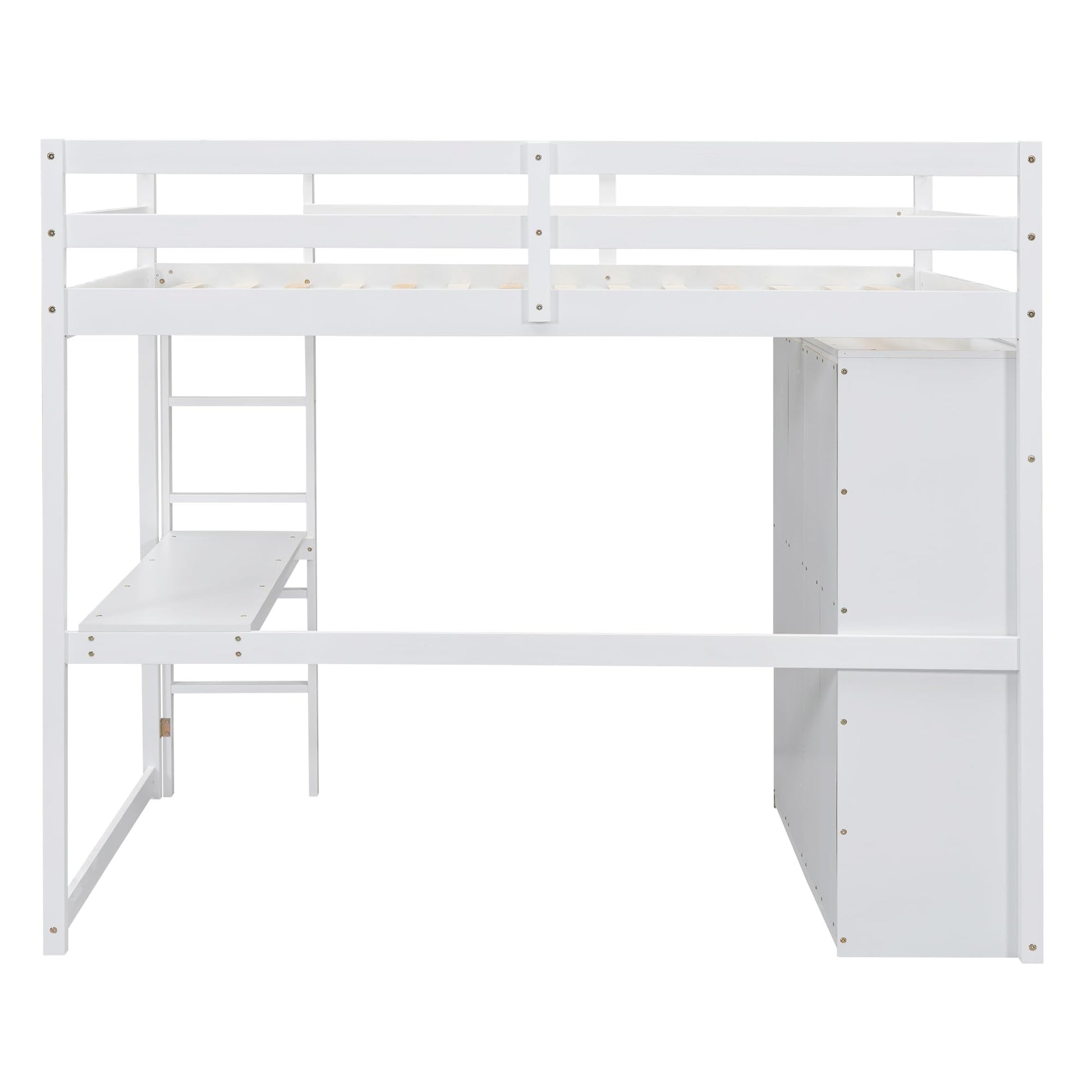 Full Size Loft Bed with Desk and Wardrobe Storage - BIADNBZ Wooden Bedframe in White - WoodArtSupply