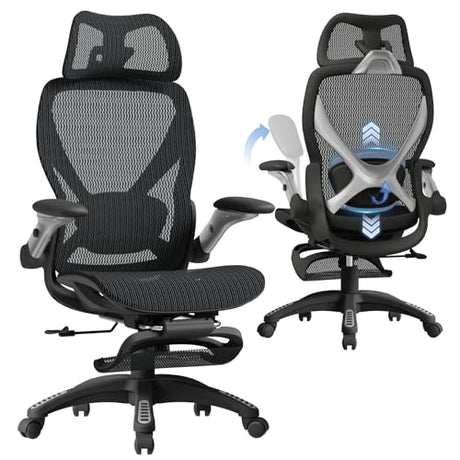 ELABEST X100 Ergonomic Mesh Office Chair with Footrest, Big and Tall Hone Desk Chair with 5D Flip-Up Arms, Adjustable 3D Lumbar Support,Gaming & Executive Computer Chairs ELABEST