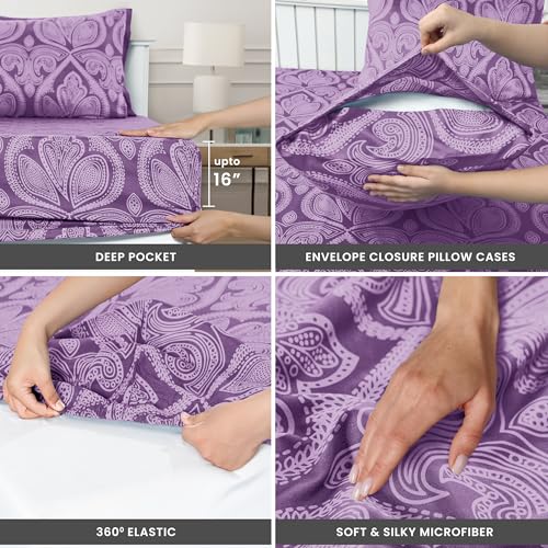 Ultra Soft Wrinkle-Free Microfiber Paisley Queen Sheet Set, Breathable Boho Bed Sheet Set – 16" Deep Pocket Fitted Sheet, Flat Sheet & 4 Pillowcases, Juegos de Sábanas, OEKO-TEX - Purple LDC LUX DECOR COLLECTION