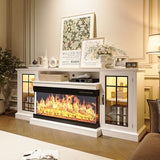MXV 70'' Fireplace TV Stand, Farmhouse Entertainment Center with 3 Sided Glass TV Stand, Modern Media Console Table with Storage Drawers & Cabinets with LED Flame and Lights for Living Room, White MXV