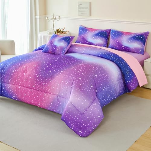 URBONUR 6Pcs Twin Comforter Set for Girls Colorful Pink Purple Blue Gradient Galaxy Printed Bedding Set Kids Teen Bed in A Bag URBONUR