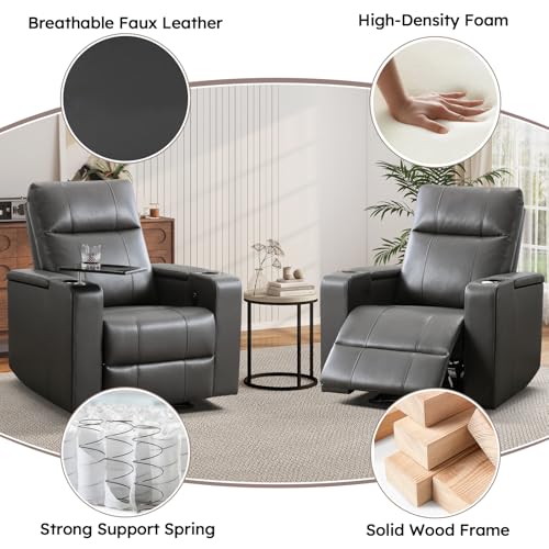 ANJ Home Theater Seating Power Recliner with Hidden Arm Storage, Single Faux Leather Recliners with Tray Table, Electric Movie Reclining Chairs with USB Ports & Cup Holders for Media Room, Grey