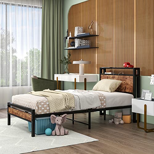 HOJINLINERO Twin Bed Frame with Storage Headboard/USB Charging Station,Single Platform Bed Frame Twin Size No Box Spring Needed,Strong Steel Slats Support,Bedroom Furniture,Rustic Brown HOJINLINERO