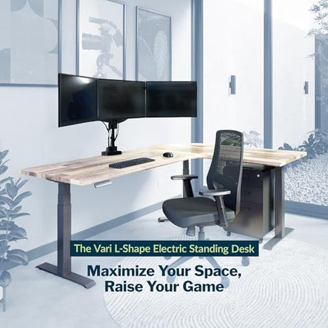 Vari ComfortEdge 80x60 L-Shape Electric Standing Desk – Height Adjustable Sit-Stand VariDesk for Corner Office with Reversible Left/Right Design + Reclaimed Wood Top/Slate Legs (Ships in 3 Boxes) Vari