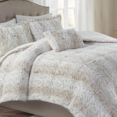 Madison Park Zuri Soft Plush Comforter Set, Faux Fur Animal Stripes Design, Faux Mink On The Reverse, Modern All Season Bedding Set with Matching Sham, Full/Queen, Snow Leopard 4 Piece Madison Park