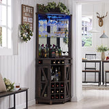 OKD Corner Bar Storage Cabinet, 72" Tall Farmhouse Wine Bar Cabinet w/Barn Door & Adjustable Shelf, Home Bar Cabinet w/LED Light & Glass Rack for Dining Room, Living Room, Kitchen, Dark Rustic Oak OKD