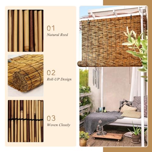 TOOKNIN Bamboo Roll-Up Window Blinds - Set of 2, 47" W x 71" H Brown Bamboo Shades for Enhanced Privacy and Sun Protection TOOKNIN