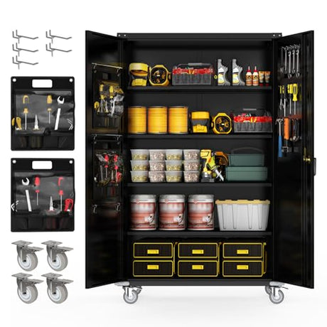 biosp 72" H Wide & Deep Garage Storage Cabinet with Wheels & Pegboards, Metal Storage Cabinet with Locking Door & Adjustable Shelves, Rolling Tool Cabinet for Garage, Shop, Office, 72"x43"x22" biosp