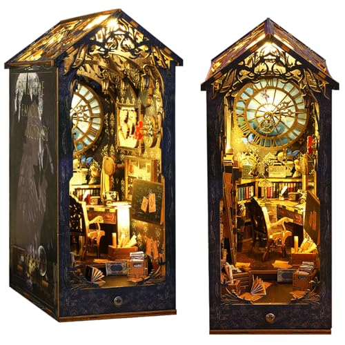 ISSEVE DIY Book Nook Kit, 3D Wooden Puzzle DIY Miniature House Kit for Booknook Shelf Insert Decoration, Magic Book House Stand Bookshelf Dollhouse for Adults with Sensor Light (Detective Agency)