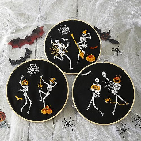 Halloween Embroidery Kit for Adult Beginner, Stamped Cross Stitch Kit for Beginner Adult, Funny Gothic Embroidery Starter Kit with Pattern Needlepoint Kit, 3 Embroidery Hoop and Fabric, Needle, Thread Armindou