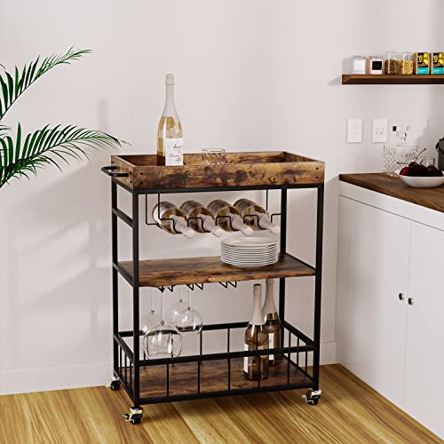 Azheruol Bar Cart Serving Wine 3 Tier Home Rolling Rack with Wheels Mobile Kitchen Industrial Vintage Style Wood Metal Serving Trolley Serving Cart,Glass Holder Bar Cabinet Azheruol