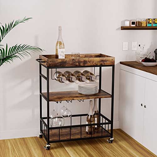 Azheruol Bar Cart Serving Wine 3 Tier Home Rolling Rack with Wheels Mobile Kitchen Industrial Vintage Style Wood Metal Serving Trolley Serving Cart,Glass Holder Bar Cabinet