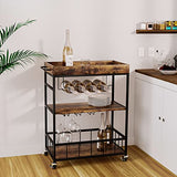 Azheruol Bar Cart Serving Wine 3 Tier Home Rolling Rack with Wheels Mobile Kitchen Industrial Vintage Style Wood Metal Serving Trolley Serving Cart,Glass Holder Bar Cabinet Azheruol