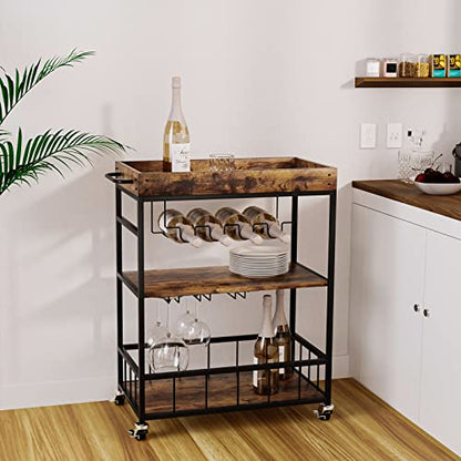 Azheruol Bar Cart Serving Wine 3 Tier Home Rolling Rack with Wheels Mobile Kitchen Industrial Vintage Style Wood Metal Serving Trolley Serving Cart,Glass Holder Bar Cabinet