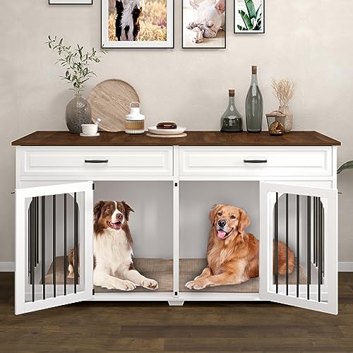 FFIQQ Double Dog Crate Furniture,74.8 Inch Dog Crate Kennel Furniture for 2 Large Breed Dogs,Heavy Duty Wooden Dog Crate with Divider&2 Drawers,White - WoodArtSupply