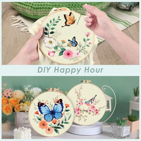 ERKOON 5 Sets Embroidery Kit for Beginners, Hummingbird Cross Stitch Set for Include Embroidery Cloth Hoops Threads for Craft Lover Hand Stitch (Hummingbird and Butterfly) ERKOON
