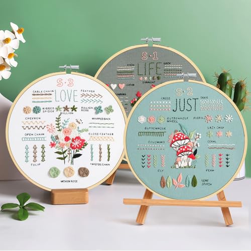 KintKita 3 Sets Embroidery Kit for Beginners to Learn 36 Basic Embroidery Stitches Practice Kit,Hand Embroidery Cross Stitch Kits for Beginners with Embroidery Patterns, Hoop,Threads,Tools