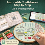 Moni Crafts - Embroidery Kit for Beginners Adults – Learn 41 Stitches with Complete Starter Kit, 4 Pre-Printed Patterns, Threads, Needles & Hoop – Hand Embroidery Kit with Video Tutorials