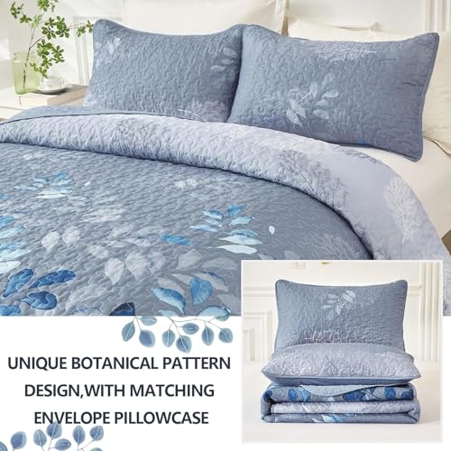 WONGS BEDDING Blue Quilt Set King Size,3 Pieces Navy Blue Floral Bedspread Coverlet Set with 2 Pillowcases,Soft Microfiber Lightweight Grayish Blue Gradient Floral Bedding Set 104"×90" WONGS BEDDING