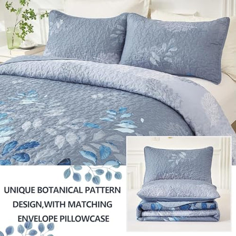 WONGS BEDDING Blue Quilt Set King Size,3 Pieces Navy Blue Floral Bedspread Coverlet Set with 2 Pillowcases,Soft Microfiber Lightweight Grayish Blue Gradient Floral Bedding Set 104"×90" WONGS BEDDING