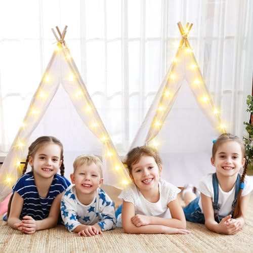 Windyun 4 Pack Kids Teepee Tent for Slumber Party with Mattress and Lights, Sleepover Tents for Girls Boys Indoor Outdoor Cotton Teepee with Airbed Tray Blanket Birthday Party Supplies(White) Windyun