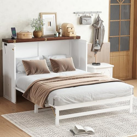 Enoioyonay Full Size Murphy Cabinet Bed with Storage Drawers, Wood Murphy Cabinet Bed with Charging Station, USB Port, Save Space, No Box Spring Needed, for Guest Bedroom, Living Room, White-Walnut Enoioyonay