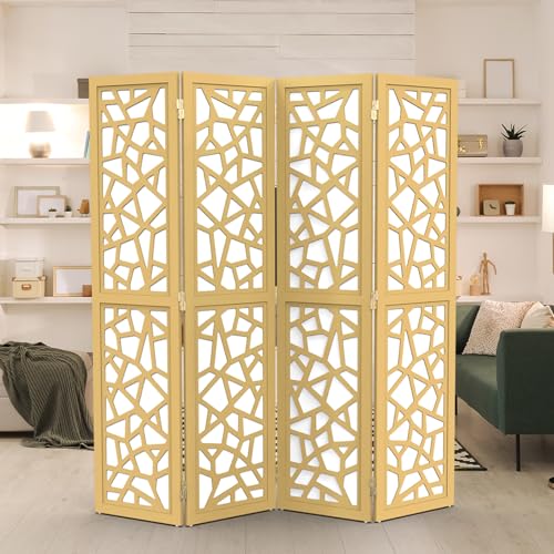 VINGLI 70'' H Room Divider, Non-Woven Fabric Privacy Screen, Indoor Partition Wall Dividers, Freestanding Hinged Space Separator with Modern Unique Pattern (Gold, 4 Panel) VINGLI