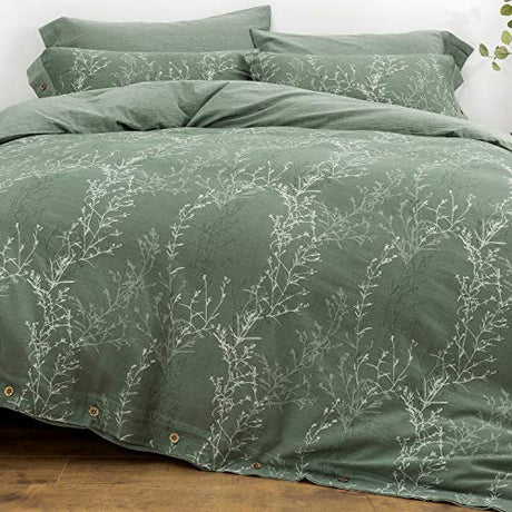 OREISE Duvet Cover Set Full/Queen Size Washed Cotton Yarn, Jacquard Green and White Thin Branch Pattern Floral Style 3Piece Bedding Set OREISE