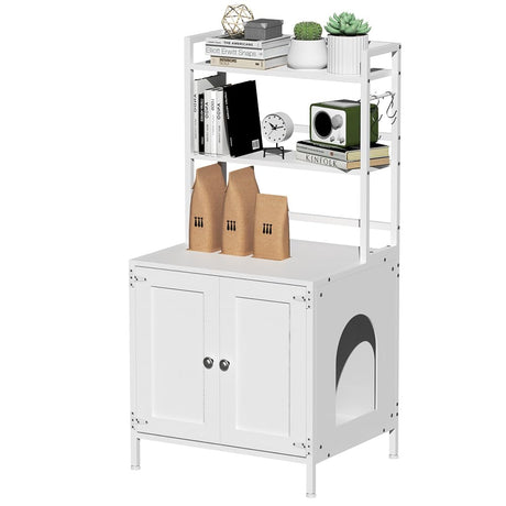 Tohomeor Litter Box Enclosure with Shelves and Doors Vintage Wooden Hidden Cat Litter Box Furniture Industrial Indoor Cat House Washroom Tohomeor