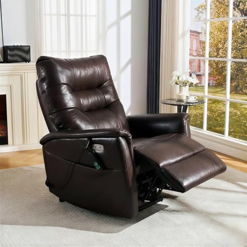 EONIX Wall Hugger Power Lift Recliner Chair for Elderly, Dual Motor Zero Clearance Power Lift Chair for Small Spaces, Electric Lumbar Support with Heat & Massage, Breathable Leather, Dark Brown