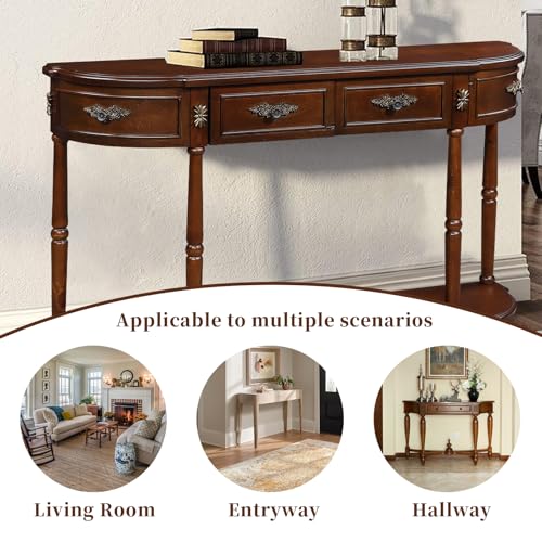 HMFULE Retro Curved Console Table, 52" Half Moon Console Table Sofa Table Entryway Table with 2 Drawers 1 Open Shelf Solid Pine Legs for Living Room,Entryway,Hallway,Cherry HMFULE