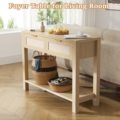 YUUIJOAA Boho Chic Console Table with 2 Rattan Drawers and Open Shelf Storage, Narrow Farmhouse Sofa Table for Small Space Entryway, Living Room,Hallway,Natural YUUIJOAA