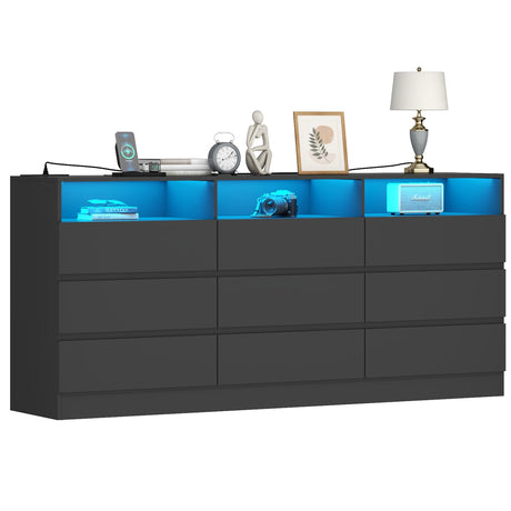 Gyfimoie 9 Drawer Dresser with Power Outlet and LED Light, Modern Storage Dresser for Bedroom, Living Room Gyfimoie