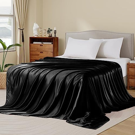 Ersmak Satin Flat Sheet Only, Single Flat Sheet Full, Luxury & Ultra Soft Silky Bedding Top Sheet for Full Mattress - Black Ersmak