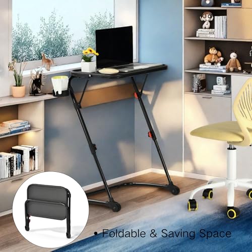 Homy Casa Adjustable Z Shaped Study Desk with Cup Holder, No Assembly Required,Space Saving Portable Laptop Foldable Table for Home Office Living Room & Bedroom, Sturdy Metal Frame with PP Top, Black Homy Casa
